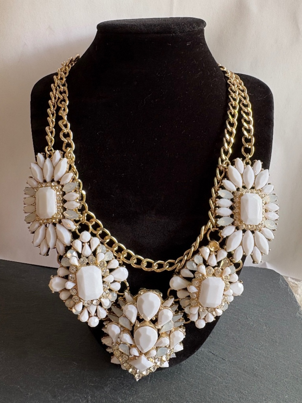 Chunky White Cabochon Bib 22" Statement Necklace (AS IS Missing Bead)